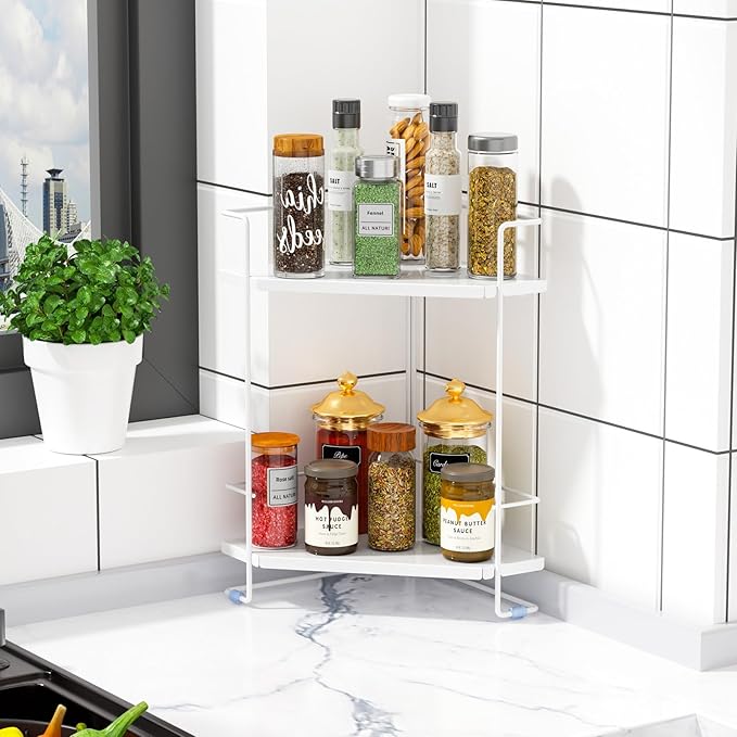 BOIVSHI 2-Tier Bathroom Counter Organizner, Bathroom Organizers and Storage for Bathroom, Kitchen Counter, Corner Storage Shelf for Bedroom, Storage, Makeup, Skincare, Perfume (White)
