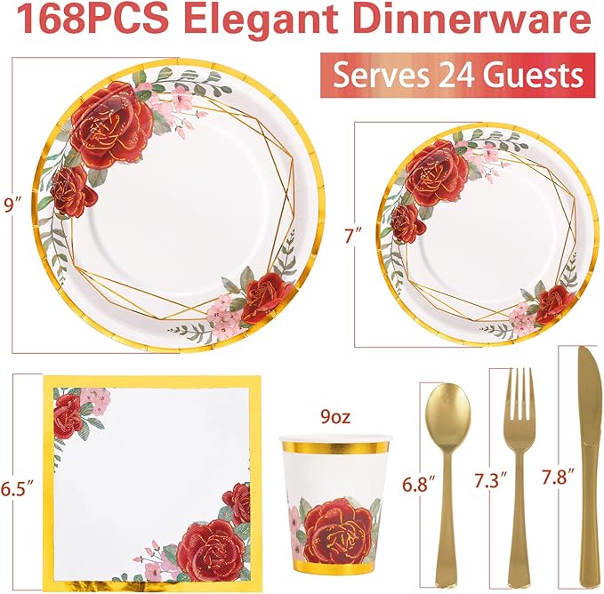 Floral Paper Plates Party Supplies 168PCS Bridal Shower Plates and Napkins Set Disposable Serve 24 Guests, Burgundy Flower Plates Disposable for Women Birthday Party Decorations