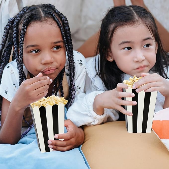 XIEHE 24 Pack Striped Popcorn Boxes - Carnival Parties Mini Paper Popcorn and Candy Containers, Party Supplies for Movie Nights (Black)