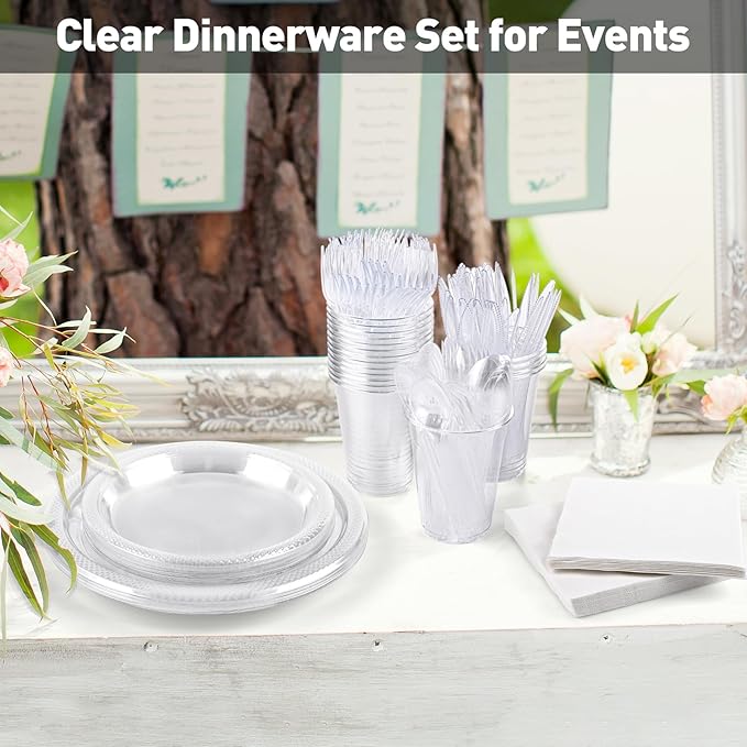 Aodaer 400 Pieces Clear Party Supplies Disposable Dinnerware Set Include Plastic Plates Cups Knives Forks Spoons Paper Napkins for Birthday Wedding Graduation Parties, Serve 50 Guests