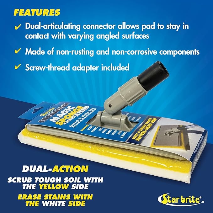 STAR BRITE Ultimate Magic Sponge +Scrub XTEND Combo - Dual Articulating Flex Head Scrubber + 3'-6' Extending Aluminum Handle