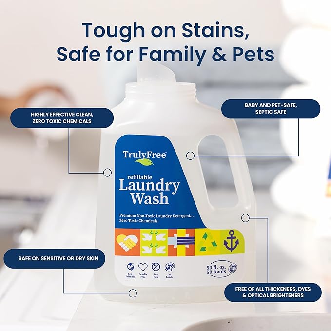 Truly Free Natural Laundry Detergent for Sensitive Skin | Eco Friendly, Plant Based, Baby Clothes Safe | Clean & Easy Powder to Liquid, 1 Pack Detergent + 1 Empty Reusable Jug | Unscented, 50 Loads