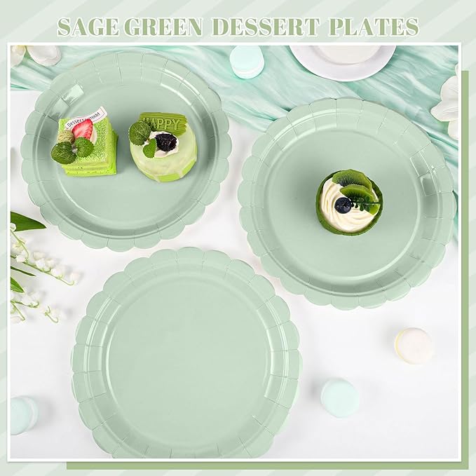 NatNarr 30 Pcs Sage Green Paper Plates 9 Inch Disposable Scalloped Wedding Plates Cute Dessert Cake Plate Party Dinner Plate for Spring, Bridal Baby Shower, Engagement, Birthday