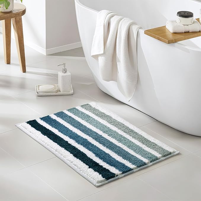 Sunlit Ombre Blue Bathroom Rug Nautical Bath Mat for Bathroom Non Slip 24"x17" Blue and White