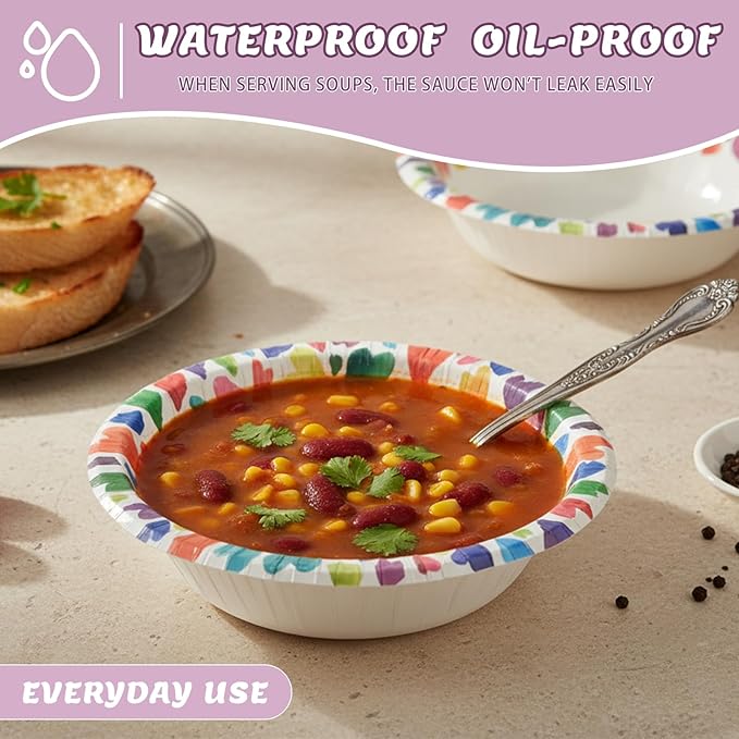 30 Pack Paper Bowls, 8 Oz Disposable Soup Bowl, Heavy Duty Printed Disposable Bowls Bulk For Snacks, Dessert, Breakfast, Lunch And Dinner Meals (Heart Pattern)