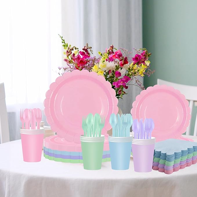 175 Pcs Pastel Plates and Napkins Party Supplies,Disposable Dinnerware Set for 25 Guests, Paper Plates Napkins Cups and Plastic Knives Forks Spoons for Birthday Wedding Party Decorations
