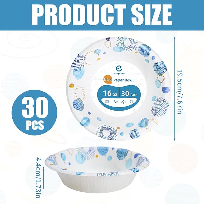 30 Pack Paper Bowls, 16 Oz Disposable Soup Bowl, Heavy Duty Printed Disposable Bowls Bulk For Snacks, Dessert, Breakfast, Lunch And Dinner Meals (Blue)