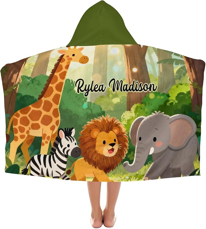 Jungle Giraffe Lion Zebra Personalized Hooded Towel Absorbent Wrap Soft Pool Beach Bath Towels Hood Poncho for 5-12 Years Kids Boys Girls