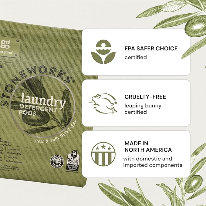 Grab Green Stoneworks Laundry Detergent Pods, 100 Count, Olive Leaf Scent, Plant And Mineral Based, Cleans Deeply, Eliminates Odors, Fights Stains