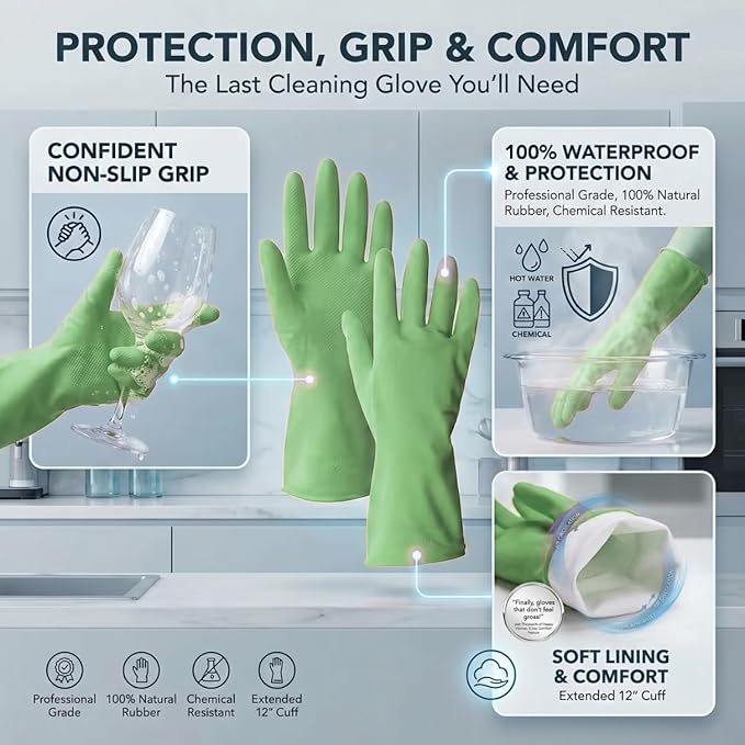 ForPro Natural Rubber Gloves, 6 Pairs Reusable Multi-Purpose Household Cleaning Gloves with Soft Inner Lining, Waterproof & Chemical-Resistant, Lime Zest, Small