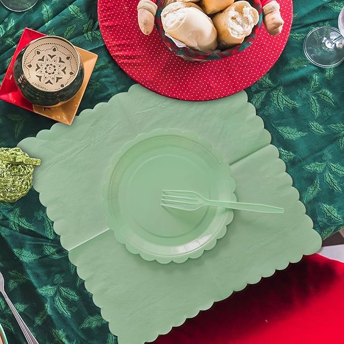 Sage Green Paper Plates and Napkins,7 Inch Sage Green Scalloped Disposable Dessert Plates Paper Napkin Fork Party Supplies for Wedding Baby Shower Birthday(25 Guest)