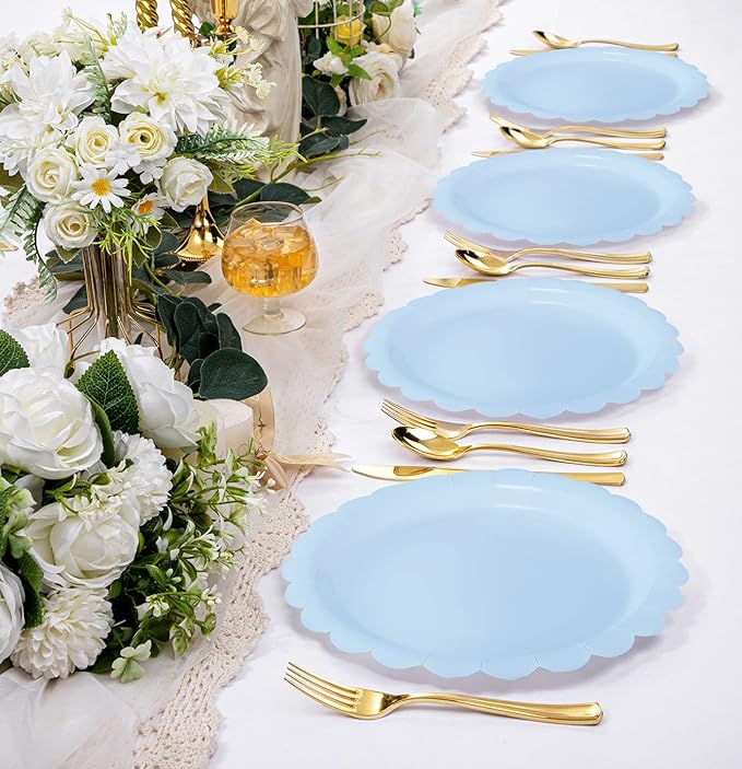 HEIPINIUYE 25 Pieces Light Blue Paper Plates 9 Inch Baby Blue Scalloped Plates Disposable Dinner Plate for Wedding Baby Shower Birthday Party Dessert Plate