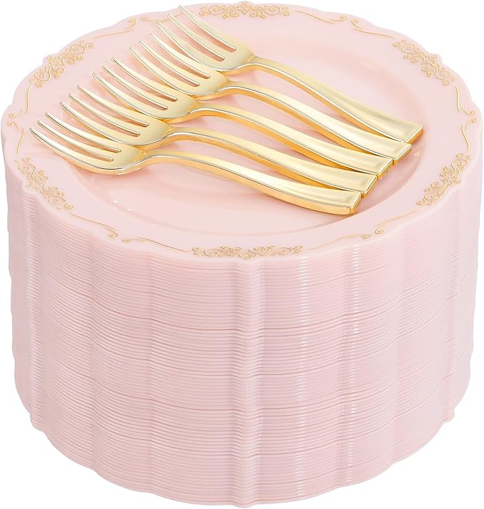 LIYH 100 Pcs Pink Gold Dessert Plates - 100 Pcs Gold Plastic Forks,Cake Plates Disposable with Forks,Appetizer Plates,Bridal Shower Party Plates for Birthday Wedding Party Mothers Day