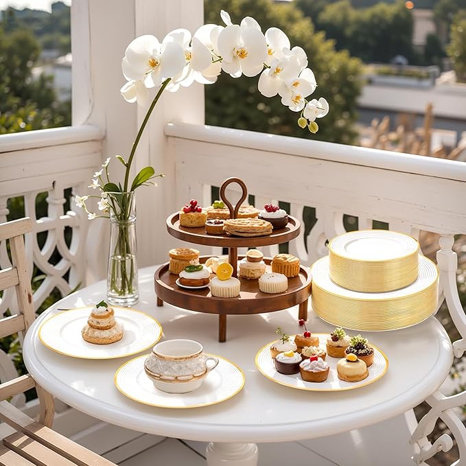 Liacere 100PCS Gold Plastic Plates - Heavy Duty Disposable Plates - White and Gold Plate 100PCS Dinner/Dessert Plate for Party & Wedding & Birthday