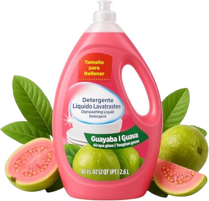 Dish Washing Liquid Detergent Guava Scent 90 fl oz Large Bottle for Everyday Dish Cleaning Handwashing Dishes Utensils and Kitchenware with Easy Pour Design