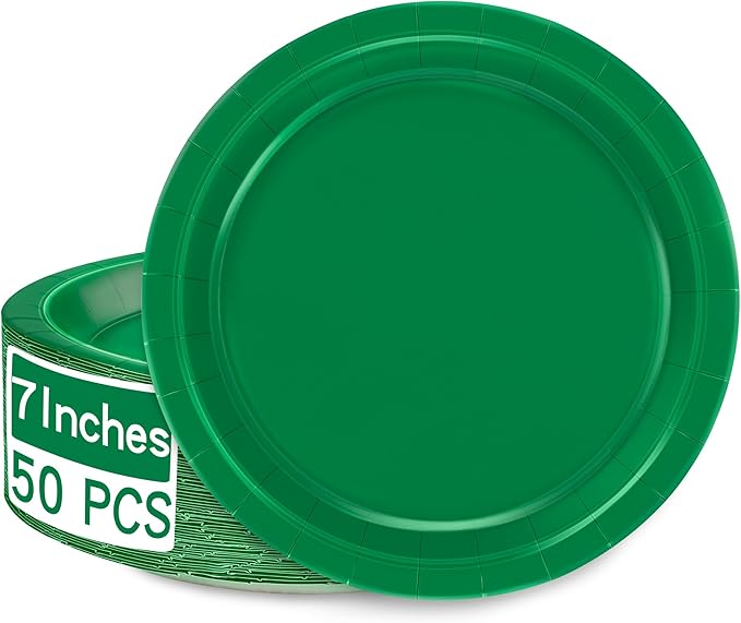 QZYL 50 PCS Paper Plates, 7 Inches Small Green Plates, Sturdy Disposable Dessert Plates, Heavy Duty Paper Plates, Green Dinnerware, Party Supplies Perfect for Birthdays St Patrick Celebrations