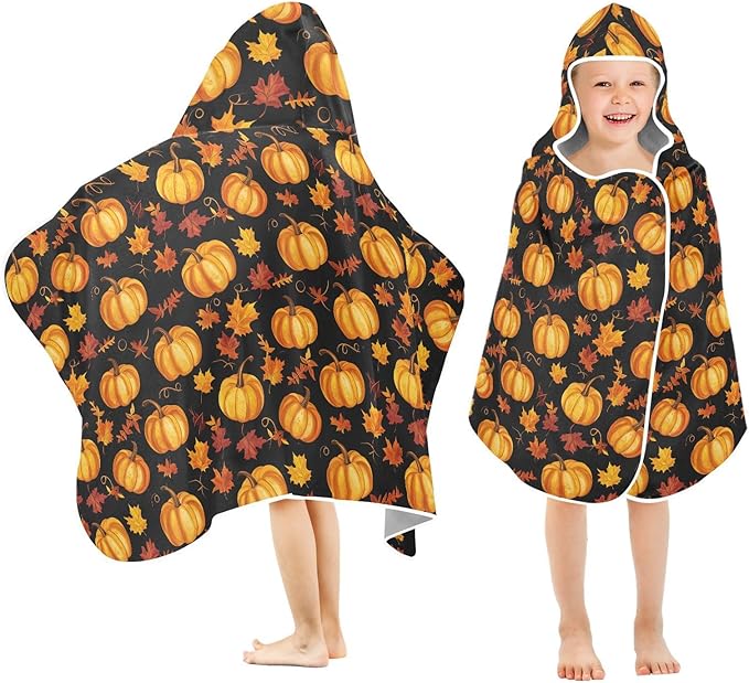 Kids Hooded Beach Towel Autumn Pumpkin Fall Maple Leaf Thanksgiving Hooded Boys Girls Towel Soft Bath Towels with Hood