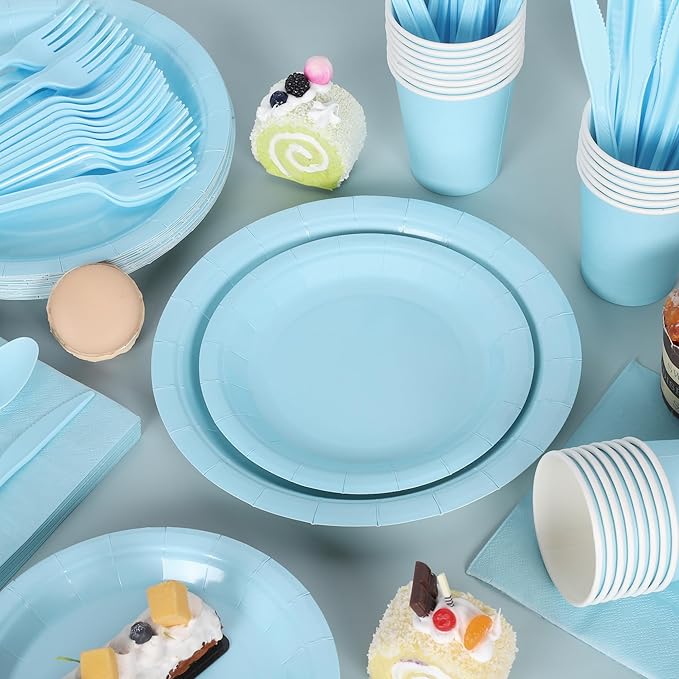 Kochorie 169 Pieces Light Blue Party Supplies Disposable Dinnerware Set Include Plates and Cups Napkins Plastic Forks Knives Spoons Tablecloth for Wedding Birthday Party Decorations, Serve 24 Guests