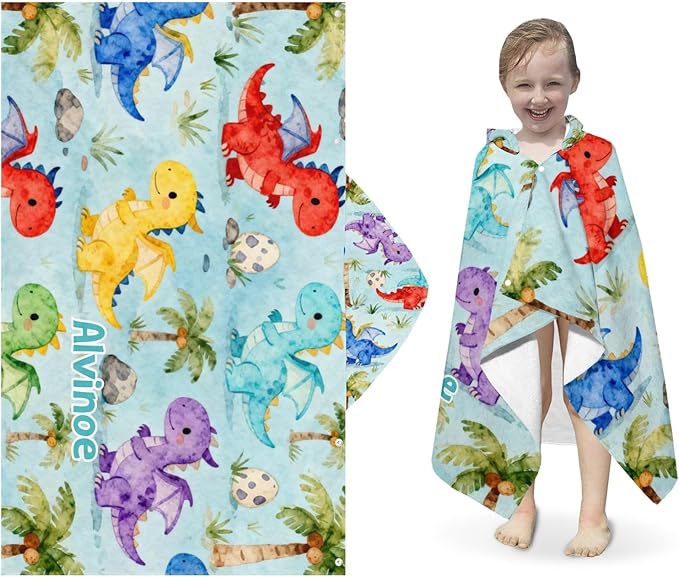 Cute Dinosaur Personalized Hooded Towel Absorbent Wrap Soft Pool Beach Bath Towels Hood Poncho for 5-12 Years Kids Boys Girls