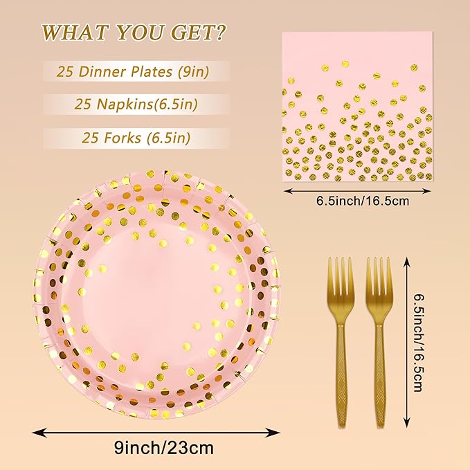 Pink and Gold Paper Plates and Napkins Party Supplies,Serves 25 Guests Pink Gold 9 Inch Plates and Napkins,Disposable Paper Tableware Set for Birthday Wedding Bridal Shower Baby Shower Decorations