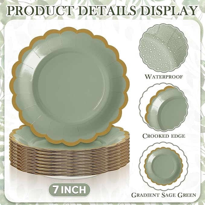 48 Pcs Gradient Sage Green Paper Plates 7 Inch Scalloped Disposable Dessert Plate for Coquette Bridal Pink Bow Wedding Birthday Baby Shower Party Supplies
