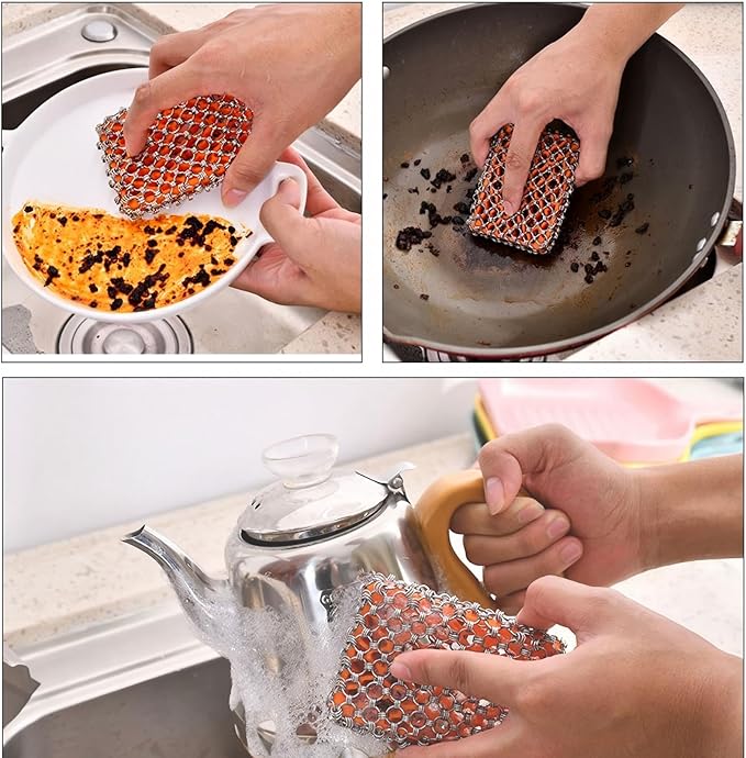 NTMY 316 Stainless Steel Pan Cleaner with Silicone Core – 4.5 Inch Dish Pot Brush,Cast Iron Scrubber, Metal Dish Scrubber,Chain Mail Scrubber for Oven&Grill Kitchen Cleaning Black