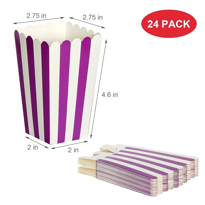 XIEHE 24 Pack Striped Popcorn Boxes - Carnival Parties Mini Paper Popcorn and Candy Containers, Party Supplies for Movie Nights (Purple)