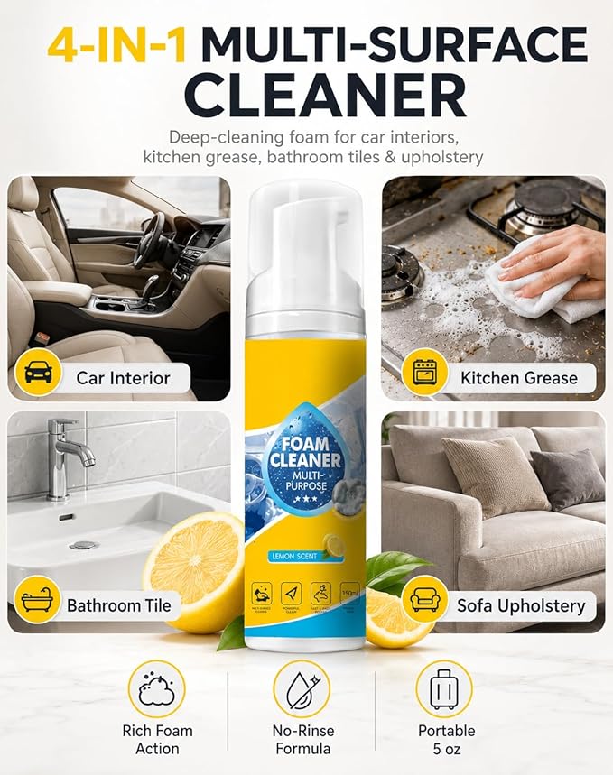 Foam Cleaner All Purpose, 4-in-1 Multi-Enzyme No-Rinse Deep Cleaning Spray for Car Interior, Kitchen Grease, Bathroom Tiles, Sofa Upholstery, Multi-Surface Home & Auto Cleaner (2)