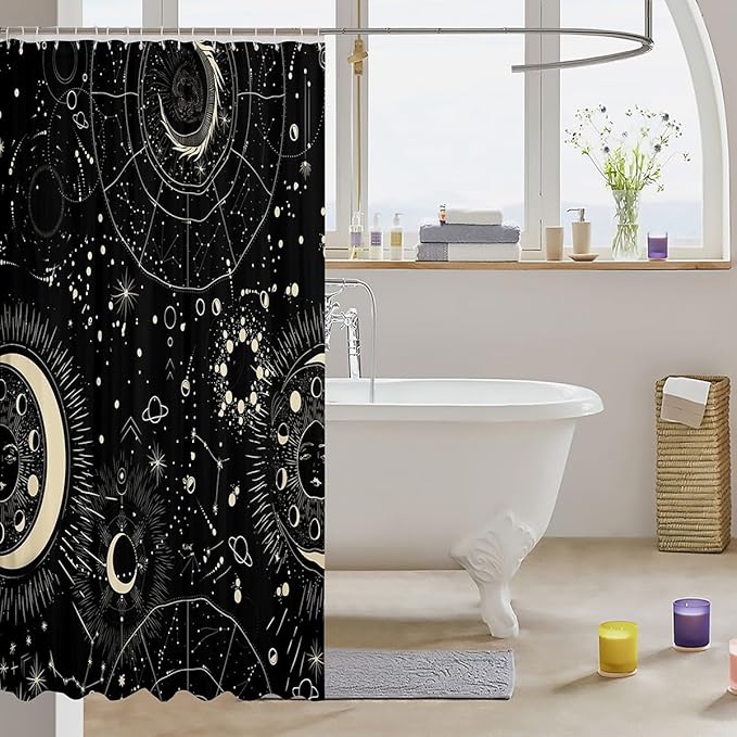 Sun and Moon Bath Curtain Boho Exotic Shower Curtain Galaxy Astrology Bathroom Shower Curtain Set for Stalls Bathtubs Bedroom Decor Chic Cute Luxury Zodiac Signs Waterproof Curtains 72x72 Inch