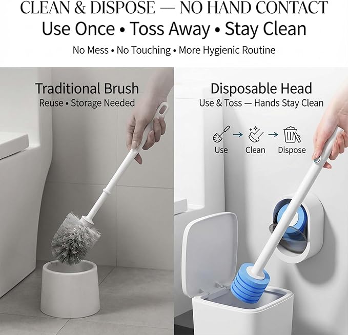 Disposable Toilet Bowl Cleaner Wand, Toilet Scrubber Kit with Self-Cleaning Disposable Pads – No Pre-Rinse (Grey+16Pcs Brush Heads)