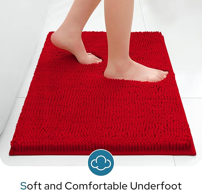 BYSURE Red Bathroom Rugs Sets 3 Piece with Toilet Lid Cover Non Slip Extra Absorbent Plush Chenille Soft Washable Bath Mats