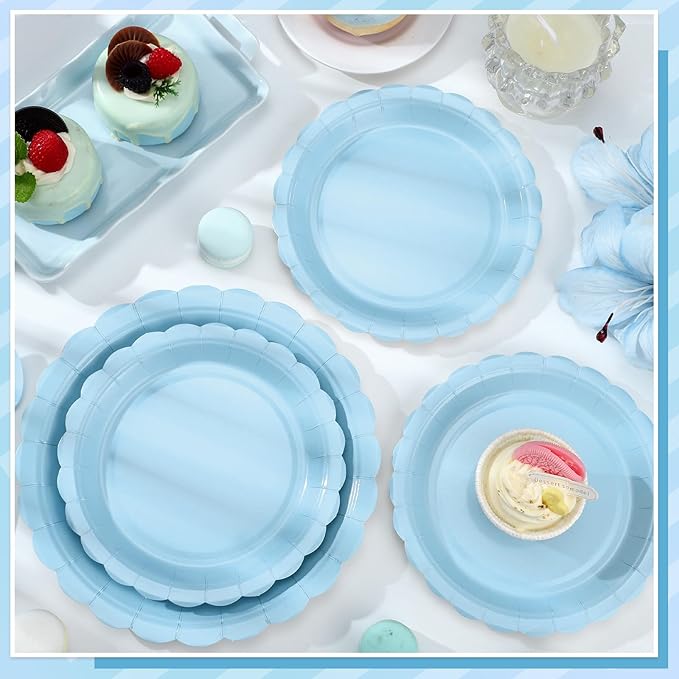 NatNarr 30 Pcs Dessert Plates Disposable, 7 Inch Light Blue Cake Plates Scalloped Small Appetizer Birthday Plate Cute Baby Blue Paper Plate for Boy Baby Shower, Birthday, Wedding