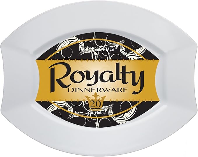 Party Essentials Party Supplies Fancy Plastic Dinnerware For Wedding/Birthday/All Occasions, 6" x 5", Dessert/Appetizer Plates, 20-Count, White Oval Royalty