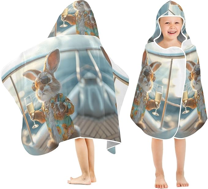 Hooded Towel for Kids Rabbit with Sunglasses Drinking Beach Wrap Bath Towels 50x23.5in