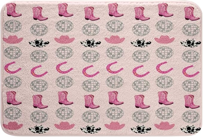 Western Cowgirl Kids Bath Mats,Cowgirl Hat Boot Disco Vintage Mats Rugs for Girls,Horseshoes Rustic Farmhouse Tribal Bath Carpets,Pink Fashion Bath Rugs,Absorbent Floor Mats,20Wx32L Inches