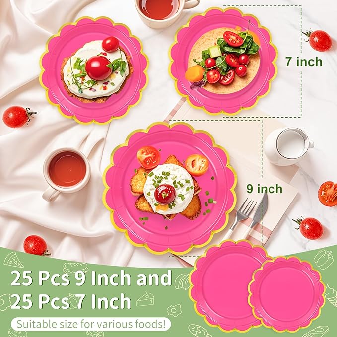 50 Pcs Rose Paper Plates, 25 Pcs 9" and 25 Pcs 7" Disposable Rose Scalloped Plates with Gold Foil for Graduation Wedding Baby Shower Birthday Party Picnic BBQ