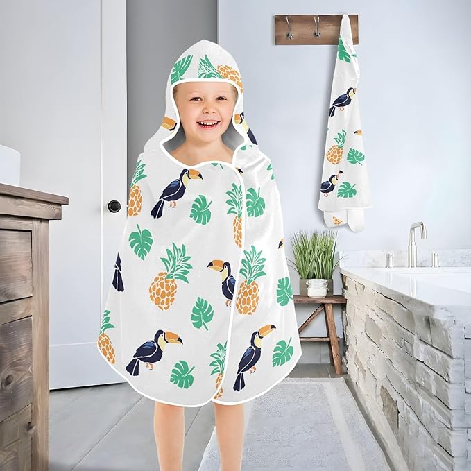 susiyo Kids Hooded Bath Towel Toucan Pineapple Beach Towel for Kids 23.5 x 50 Inch Microfiber Soft Absorbent Quick Dry Bath Swim Pool Towel Wrap Poncho Bathrobe with Hood for Kids Toddler