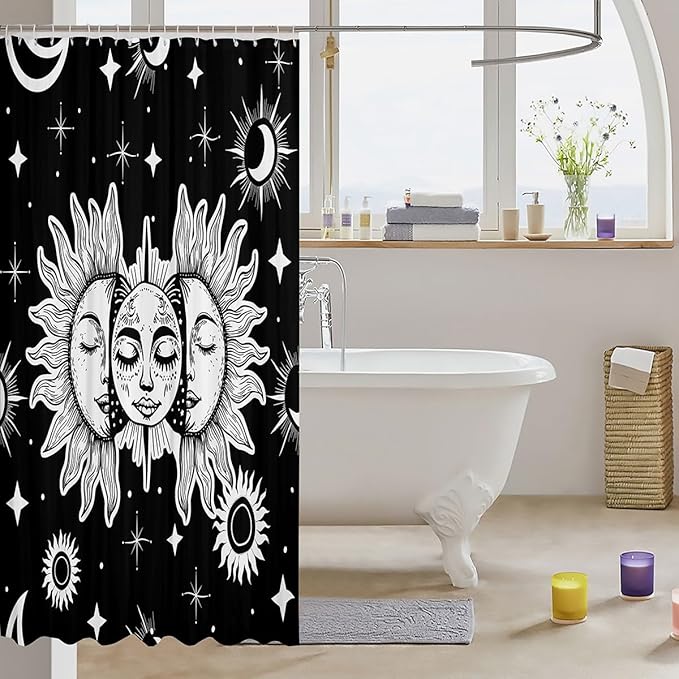 Feelyou Sun Moon Shower Curtain Boho Exotic Bathroom Shower Curtain Setative Bohemian Galaxy Bath Curtain Astrology Space Cosmic Celestial Black White Kids Bathroom Accessories 72"x84"