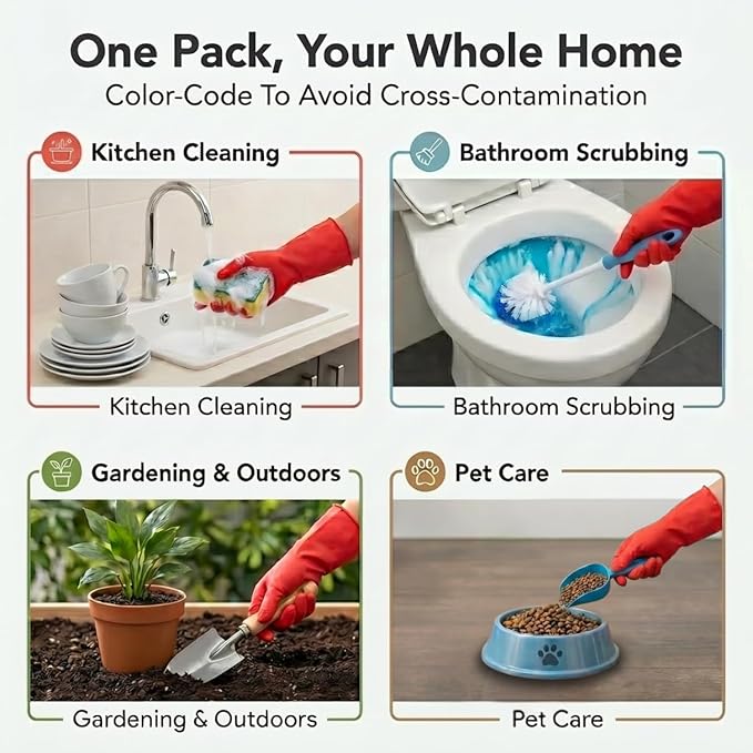 ForPro Natural Rubber Gloves, 6 Pairs Reusable Multi-Purpose Household Cleaning Gloves with Soft Inner Lining, Waterproof & Chemical-Resistant, Wild Cherry, Medium