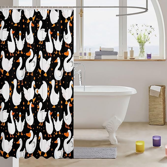 Homewish Cute Goose Bath Curtain Panel,Cartoon Farmhouse Livestock Animal Waterproof Fabric Shower Curtain,Kawaii Duck Hand Drawn Black Bathroom Curtain with 12 Hooks, 72Wx78L inch