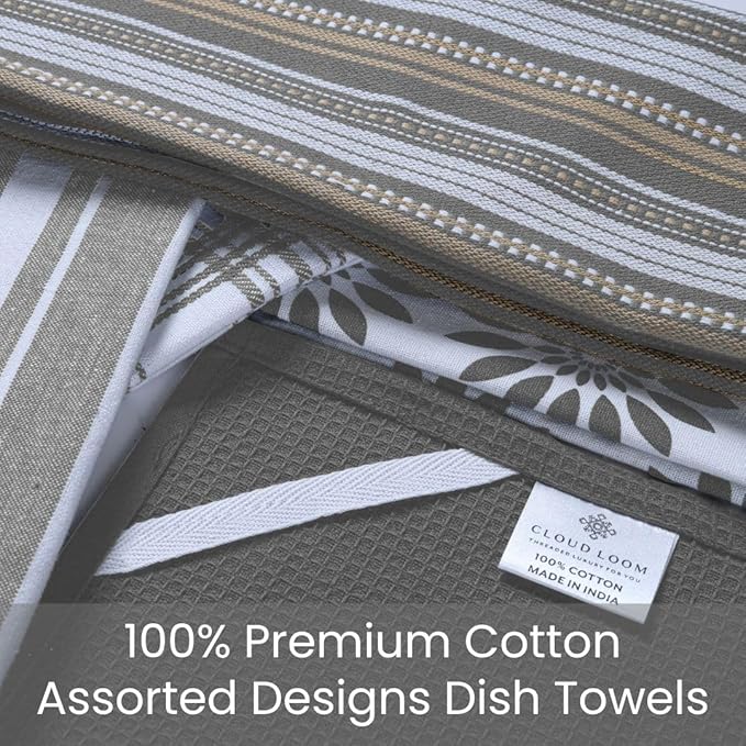 100% Cotton Assorted Kitchen Towels - Assorted Set of 5 Large 16x26 inch - Soft Absorbent Durable - Ideal for Drying, Cleaning, and Everyday Kitchen Use - Quick-Drying Dish Towel Grey