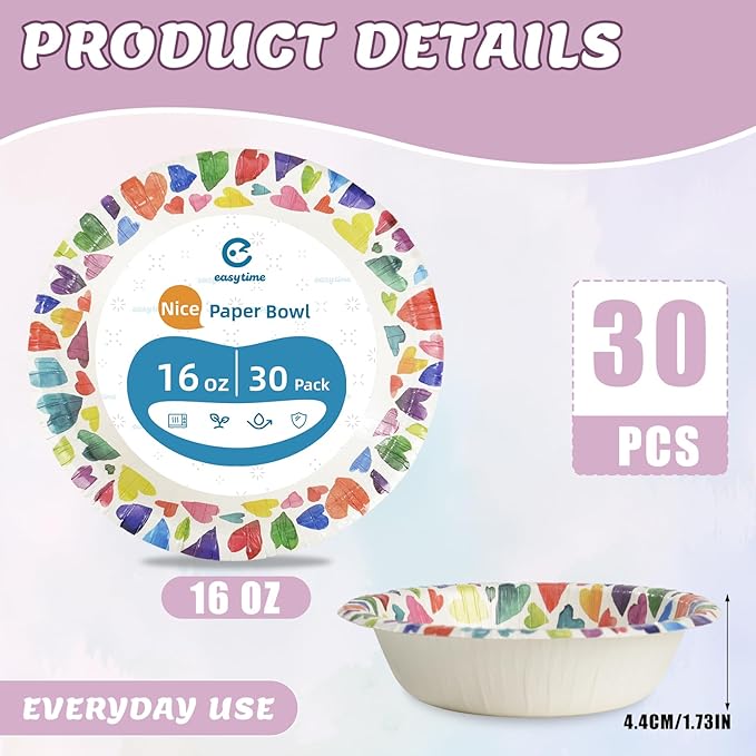 30 Pack Paper Bowls, 16 Oz Disposable Soup Bowl, Heavy Duty Printed Disposable Bowls Bulk For Snacks, Dessert, Breakfast, Lunch And Dinner Meals (Heart Pattern)