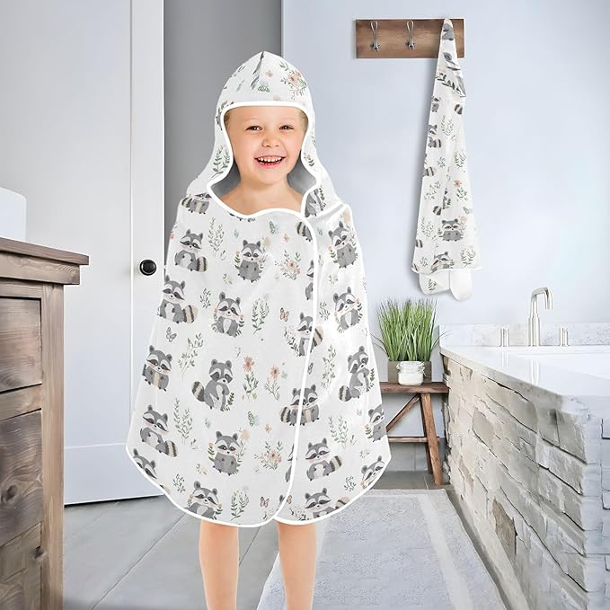 Kid Beach Towel Cute Raccoon White Hooded Towels for Kids Quick Dry Toddler Bath Towel