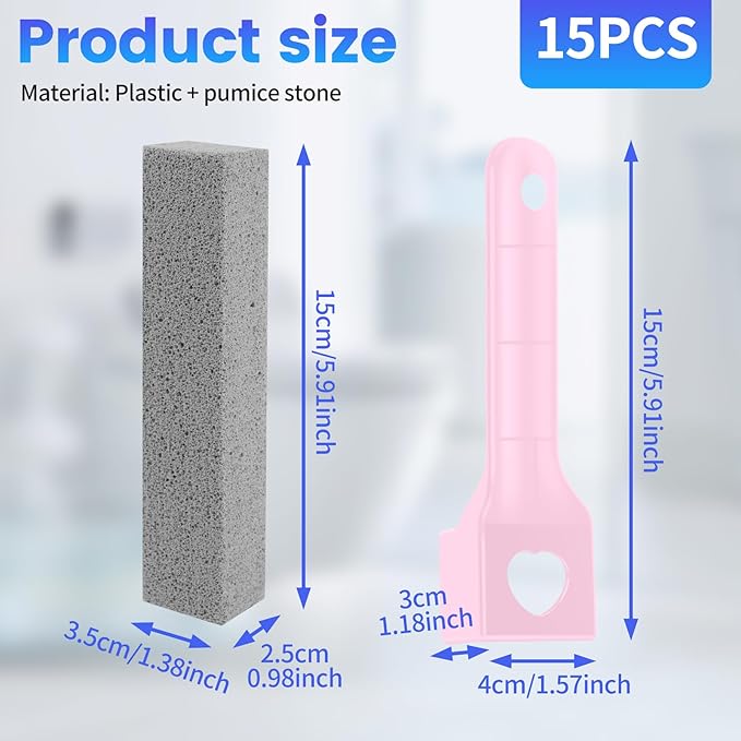 15 Packs Pumice Cleaning Stone, Pumice Stone for Toilet Cleaning with Removable Extra Long Handle, Powerful Cleaner for Hard Water Rings,Calcium Stains, Stone Toilet Bowl Cleaner for Home (15, Pink)