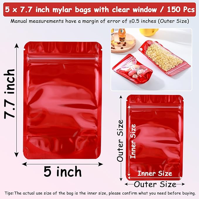 150 Pcs Mylar Bags for Food Storage, 5x8 Mylar Bag with Window Stand Up, Small Holographic Resealable Bags Smell Proof Bag Food Packaging for Small Business Freeze Dried Candy Jewelry Foil Packaging