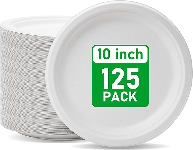 RACETOP 10 Inch [125 Pack] Paper Plates, Compostable Disposable White Bagasse Plate, Heavy-Duty Biodegradable Plates, Eco-Friendly, Made of Natural Sugarcane Fibers