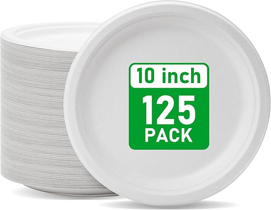 RACETOP 10 Inch [125 Pack] Paper Plates, Compostable Disposable White Bagasse Plate, Heavy-Duty Biodegradable Plates, Eco-Friendly, Made of Natural Sugarcane Fibers