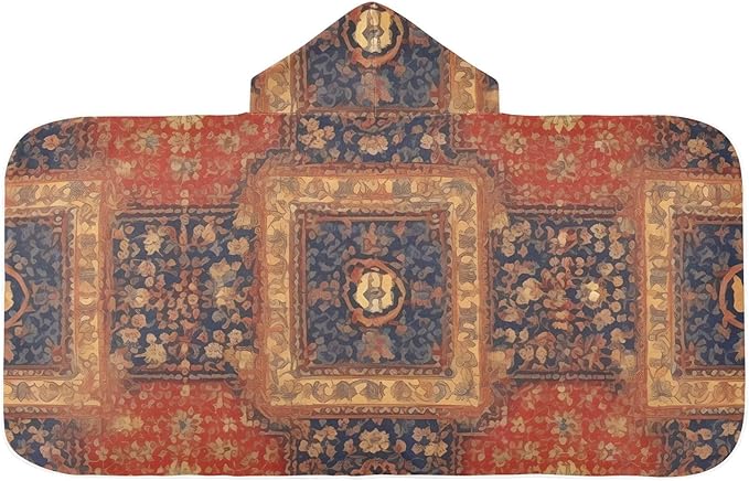 Hooded Towel for Kids Retro Tribe Red Golden Pattern Beach Wrap Bath Towels 50x23.5in