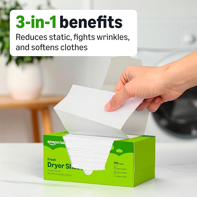 Amazon Basics Dryer Sheets Laundry Fabric Softener, Fresh Scent, Reduces Static, Softens Clothes, Fights Wrinkles, 160 Count