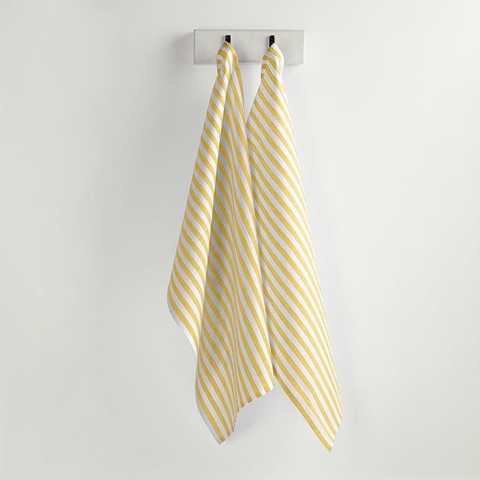 Solino Home Primrose Yellow and White Linen Kitchen Towels Set of 2-100% Pure Linen Amalfi Stripe 17 x 26 Inch Tea Towels with Hanging Loop - European Flax Kitchen Dish Cloth - Machine Washable